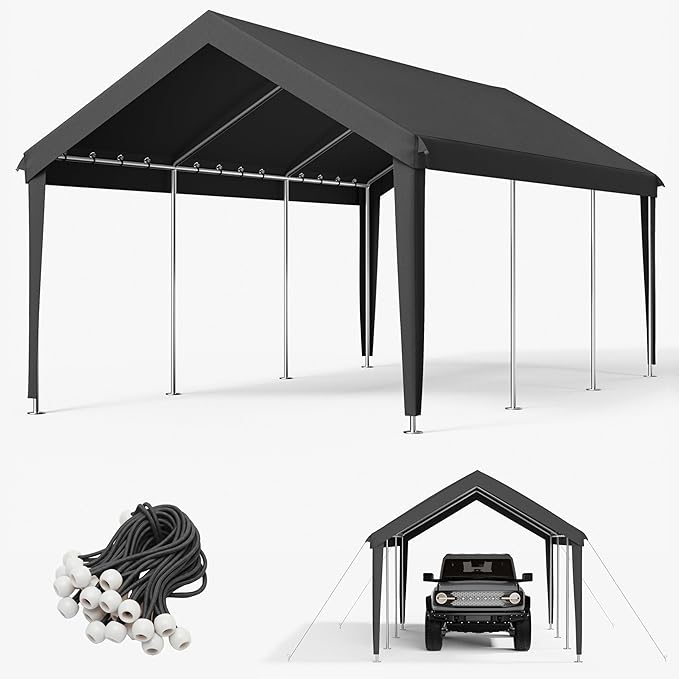 12 x 20 Ft Carport Replacement Cover, Heavy Duty Outdoor Car Tarp Canopy, Waterproof & UV Protected Tear Oxford Tarp with Ball Bungees (Frame is Not Included)