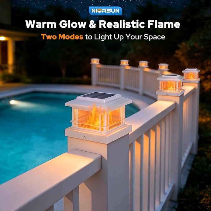 NIORSUN Solar Post Lights Outdoor, Fence Post Solar Lights with Flickering Flame Light & 3 Color Temps, Waterproof, Garden Patio Fence Deck Decor, 4x4 Posts Caps, 4x4, 5x5 Wooden &Vinyl (12Pack,White)