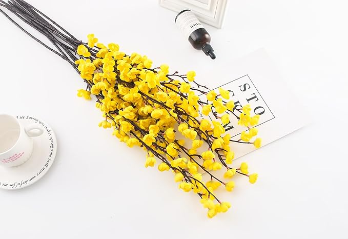 5 Pcs Artificial Plum Blossom Fake Wintersweet Long Stem Plastic Flowers Home Hotel Office Wedding Party Garden Decor 27.5'' High Yellow