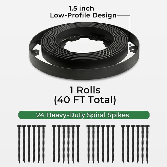 Gardzen 1.5" x 40' Landscape Edging Kit, Garden Edging Coil Comes with 40 Pcs Spikes, No Dig Lawn Border Design