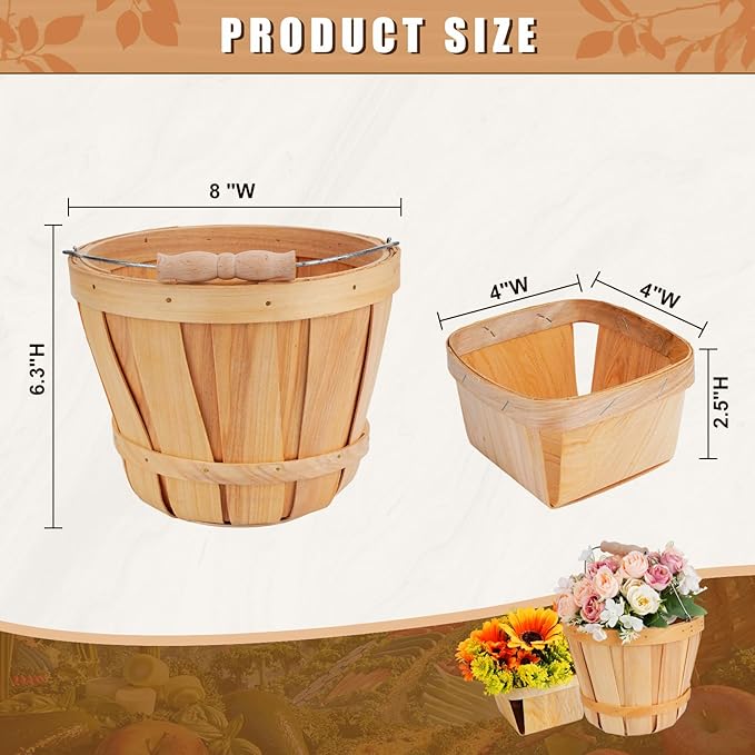 Leinuosen 9 Pcs Wooden Gift Basket Set, 3 Pcs 8 x 6. 3'' Bushel Bucket Portable Fruit Bucket and 6 Harvest Basket for Display Fruit Vegetable Garden Storage Container Farm Picnic Party Supplies