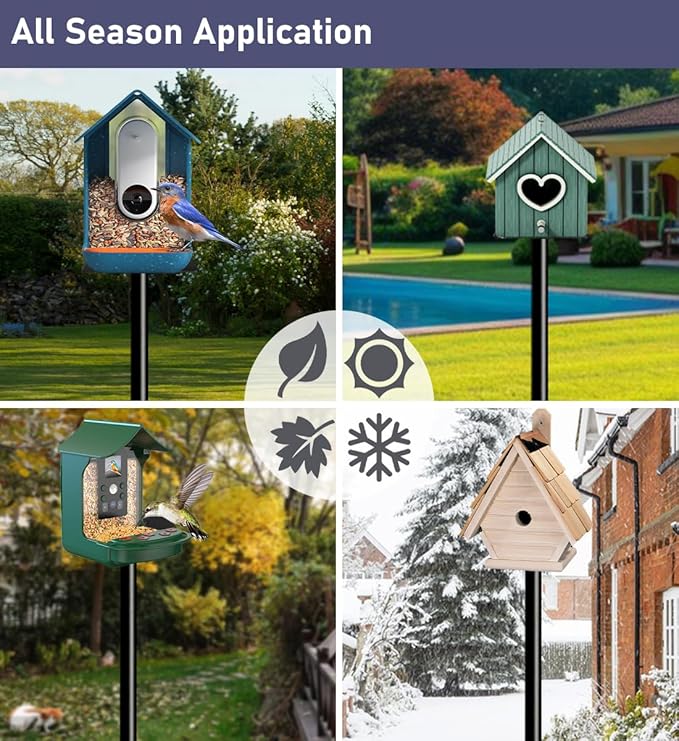 105 Inch Smart Bird Feeder Pole with 5-Prong Base, Adjustable Bird House Pole Mount Kit for Outdoors, Heavy Duty Bird Feeder Stand for Wild Birds Watching, Black