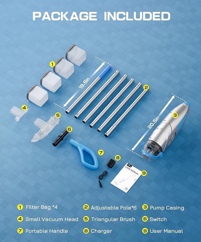 UIRWAY V3 Cordless Pool Vacuum for Above Ground Pools, Upgraded 26.5 GPM Powerful Suction, IPX8 Handheld Rechargeable Cleaner 2 Vacuum Heads & 4 Filter Bags, 1H Runtime, Portable for Inground Pools