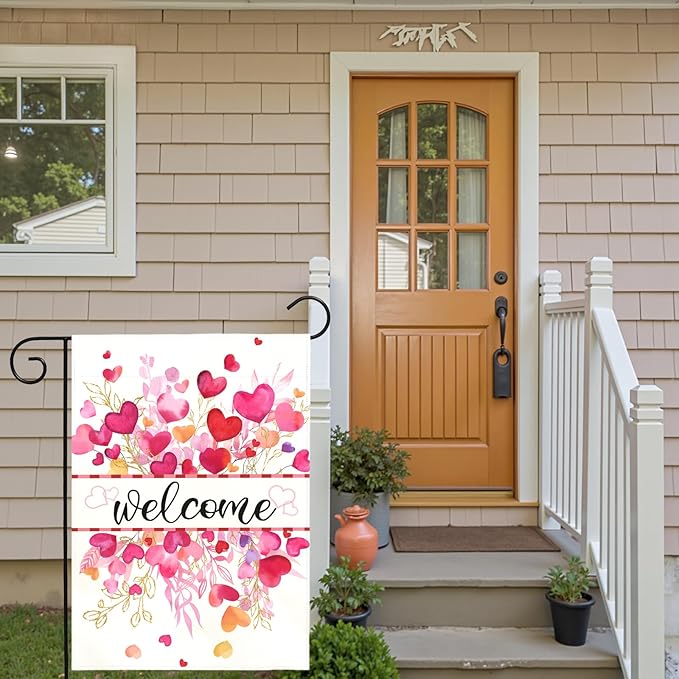Valentines Day Garden Flag Welcome Heart Design Double Sided Yard Banner Romantic Red Pink Love Hearts House Flag for Porch Patio Lawn Farmhouse Wedding Anniversary Party Decor 12x18 Inch