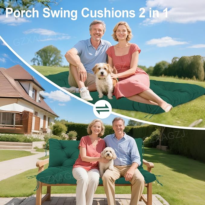 Outdoor Swing Cushions 48 inch Waterproof Porch Swing Cushions 2-3 Seater Replacement with Backrest and Ties Swing Bench Cushions for Outdoor Furniture Patio Porch Backyard Garden(Dark Green)