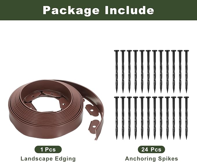 uxcell Landscape Edging, 1Pcs 26FT x 2" - Garden Edging Kit with 24 Stakes, Landscape Edging Border for Garden Lawn Flower Bed Yard Grass (Brown)