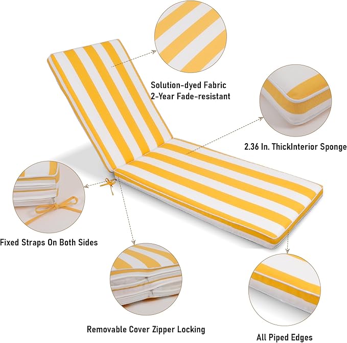 Only choice Outdoor Lounge Chair Cushions Patio Chaise Lounge Replacement Cushions Funiture Seat Cushions Chair Pads (Yellow White Striped-1 pcs)