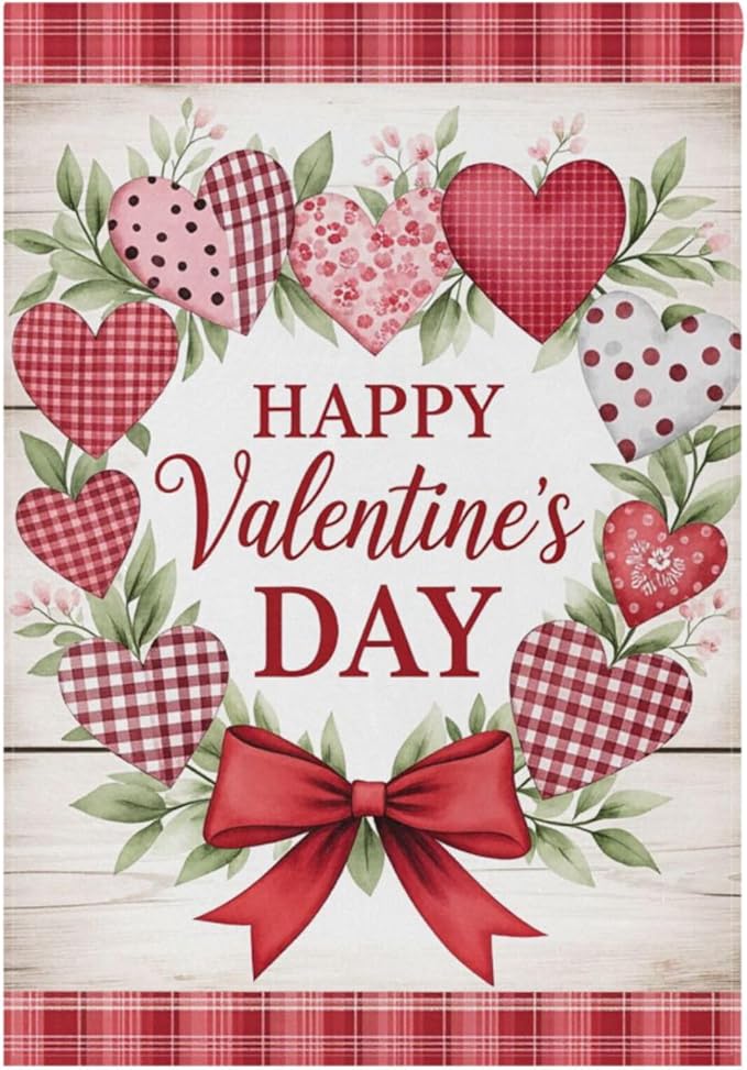 Pfrewn Valentine House Flag 28 x 40 Double Sided, Heart Wreath Wooden Garden Yard Flags Welcome Spring Outdoor Indoor Banner for Wedding Party Home Decorations