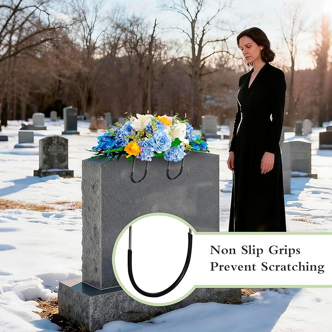 4Packs Headstone Flower Saddles Gravestone Saddle with Floral Foam for Grave Wire Rustproof Galvanized Cemetery Headstones Tombstone Decoration (Black,12’’)