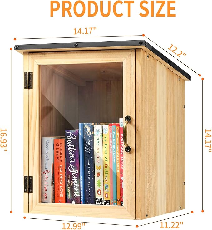 Little Library Box Outdoor, Waterproof Wooden Book Cabinet with Clear Window for DIY, Community & School Sharing, Weatherproof Neighborhood Book Exchange for Literature, Magazines & Newspapers