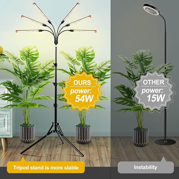 54 Watt Grow Lights for Indoor Plants with Stand, Standing Tall Plant Light, 4,8,12,16,20H Timer, Full Spectrum Bonsai Tree Grow Light, 24"-64" Adjustable Tripod Stand Plant Growing Lamps