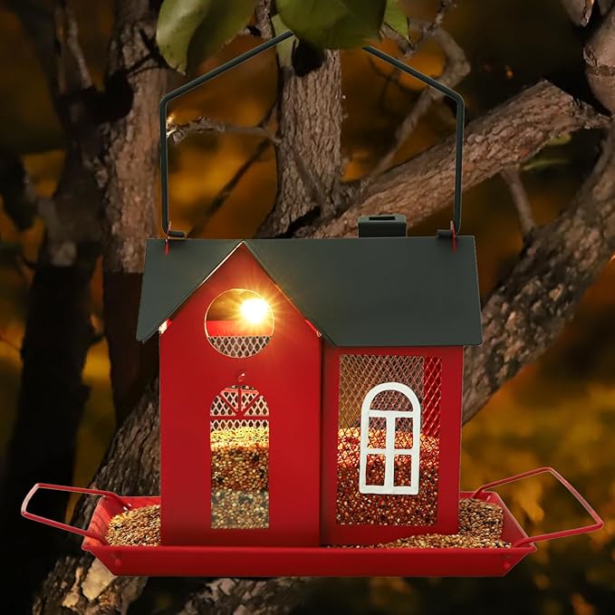 Solar Bird Feeder for Outdoors - Red Metal Hanging Bird Feeder with Solar Light, Decorative for Wild Cardinals, Finches, Weatherproof Backyard Garden Decor Ideal Gift for Women Mom Grandma