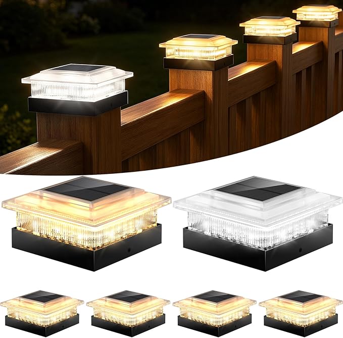 4x4 40 Lumens Post Solar Lights 6 Pack, Fence Post Solar Lights 4 Lighting Modes Solar Post Cap Lights for 4x4 3.5x3.5 Wood/Vinyl Posts, IP67 Waterproof Post Lights for Fence Mailbox Porch Post