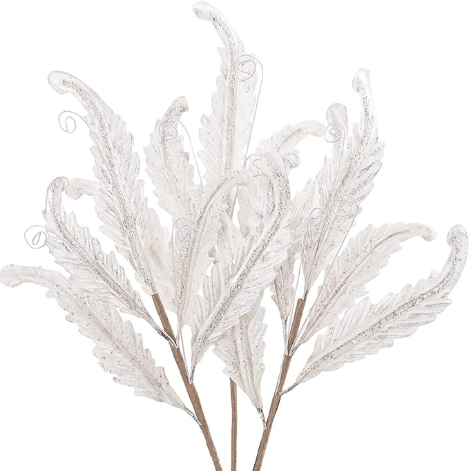 GnFlus 3 Pcs Silver Glitter Leaves Large 27 Inch Artificial Glittered Leaf Picks and Spray Stems Ornament for Tree Wedding DIY Xmas Wreath Garland Floral Arrangement Christmas Home Decor - White