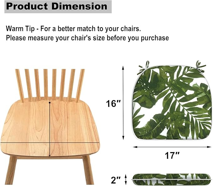 DYTXIII Set of 2 Outdoor Chair Cushions with Ties,Water Repellent Patio Chair Pads 17"x 16" for Outdoor Furniture,Round Corner Seat Cushions for Garden Yard Kitchen Palm Green