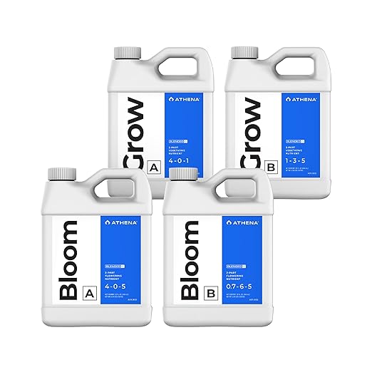 Athena Blended Grow & Bloom A&B | 4-Part Complete Hydroponic Nutrient System | Liquid Fertilizer for Veg & Flowering Stages | Full Cycle Plant Food | 32 Ounce