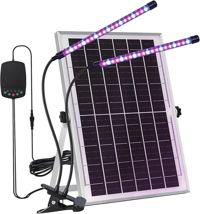 Solar Grow Lights with Batteries, 2 Heads Clip Plant Growing Lamp with Red Blue Spectrum for Indoor Plants, 3/9/12H Timer, 3 Dimmable Level, Adjustable Gooseneck,3 Switch Modes, Auto On Off