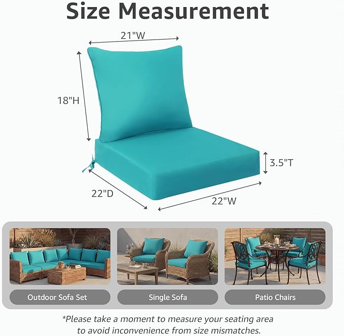 PatioGlow Outdoor Seat Cushion Set, 22" x 22" x 3.5", Set of 2, Water-Resistant & Fadeness Patio Furniture Cushions with Removable Cover & Ties, Thick Deep Seating Pads for Outside Sofa Couch, Teal