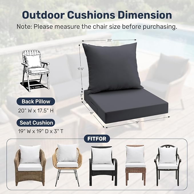 UNIKOME Outdoor Seat Cushions 19 X 19 Inch - Water-Resistant & Fade Resistant, Removable Cover Patio Furniture Cushions for Chair, Sofa, Couch, Wicker, Dark Grey