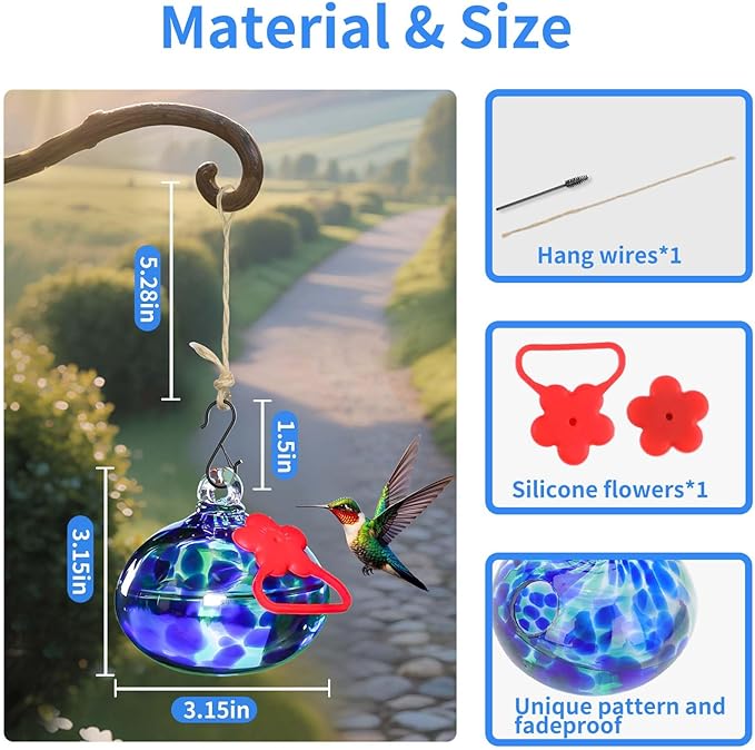 Pozfun Small Hummingbird Feeders for Outdoors Hanging,Hand-Blown Glass Hummingbird Feeder with Silicone Feeding Perch,Never Leak,Gardening Gifts for Woman Man