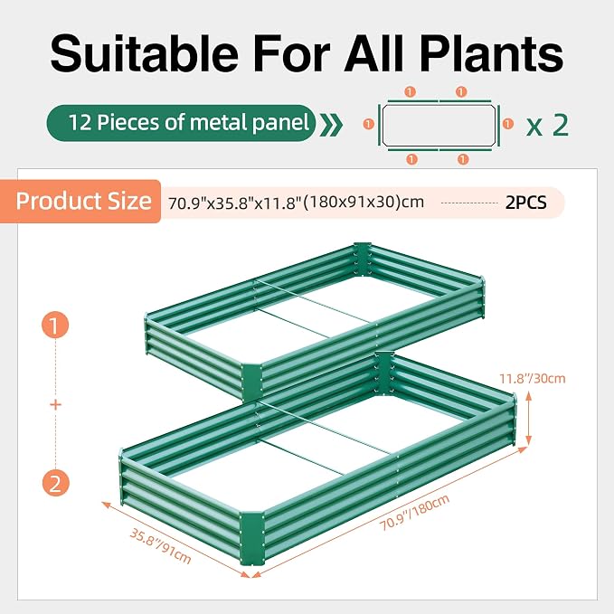 6x3x1ft(2 Pack) Galvanized Raised Garden Bed,Outdoor Planter Box Metal Patio Kit Planting Bed for Vegetables,Flowers, Green