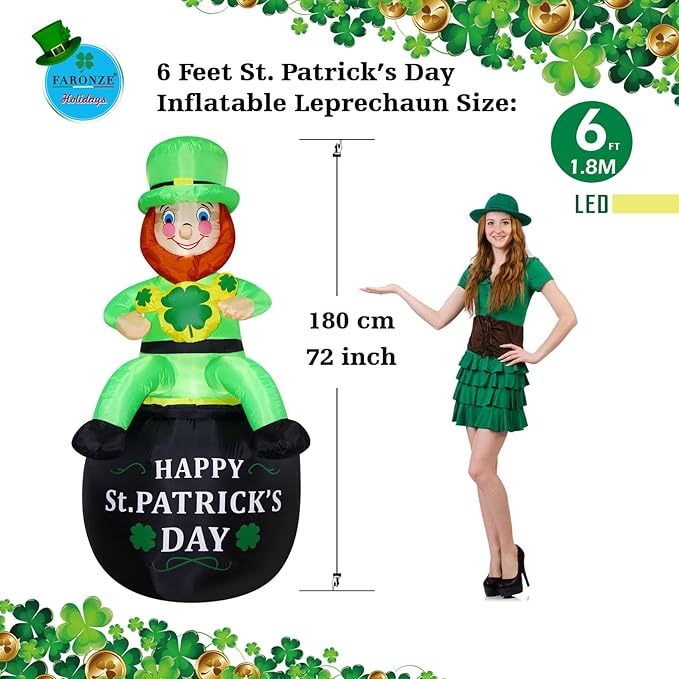 6 FT St. Patrick's Day Inflatable Leprechaun, Blow up Leprechaun Sits on Cornucopia Outdoor Decoration with LED Lights, for Yard Garden Lawn Front Door Holiday Decor (6FT Leprechaun on Cornucopia)