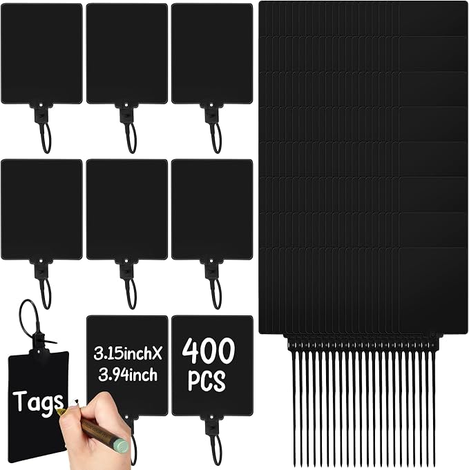 Novabright 400 Pcs Black Waterproof Blank Plastic Shipping Tags Bulk 3.94" x 3.15" Large Writable Sealing Mark Labels Tie with String for Luggages Inventory Logistics Keys