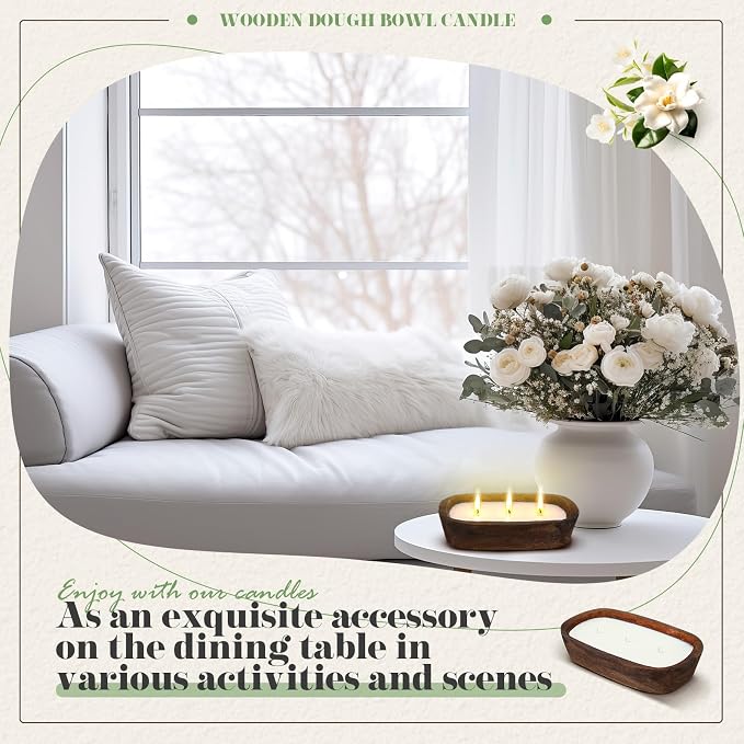 Threlaco 1 Pack 10 Inch Wood Dough Bowl Candles Home Rustic Dough Bowl Soy Candle 3 Wick Scented Candles Gifts for Men Women Farmhouse Table Centerpiece Home Decor for Christmas(Jasmine Gardenia)