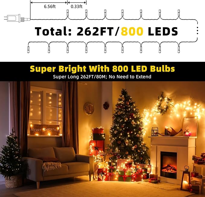 XTF2015 262FT 800 LED Christmas String Lights, Christmas Lights Plug 8 Modes Memory Function with Timer, UL Certified Outdoor Indoor Fairy Light Christma s Tree, Patio, Party (Warm White)