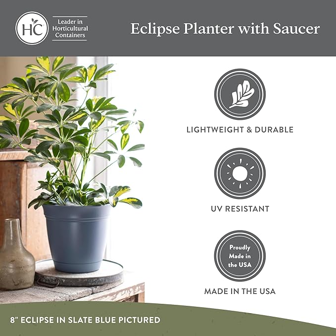 The HC Companies Eclipse Round Planter with Saucer - Outdoor & Indoor Plant Pot with Drainage Holes - Lightweight, UV-Resistant Plastic Pots for Plants, Flowers & Herbs (6" Slate Blue, Pack of 1)