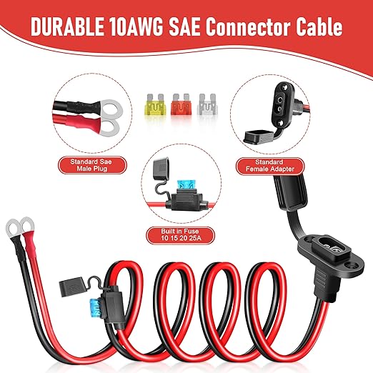 SAE to O Ring Connector 2FT 10AWG, SAE Battery Quick Connect Plug Waterproof Extension Cable for Solar Panel, Street & Road Glide Motorcycle Charging Port Upgrade, RV, Solar Generator Battery Charger