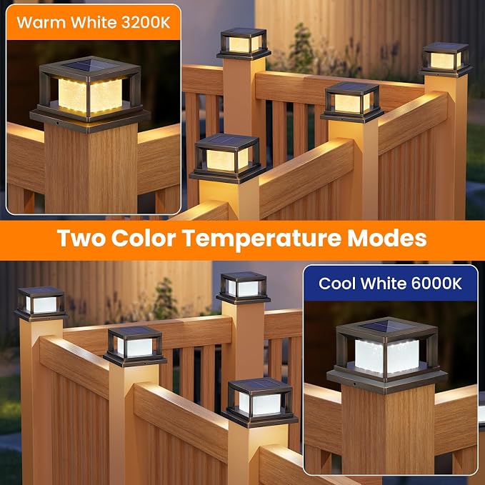 Mlambert 4 Pack Solar Post Lights Outdoor, 2 Modes LED Fence Cap Light for 4x4 Post, Waterproof Deck Light Patio Garden Decor, Warm/Cool White, Brown