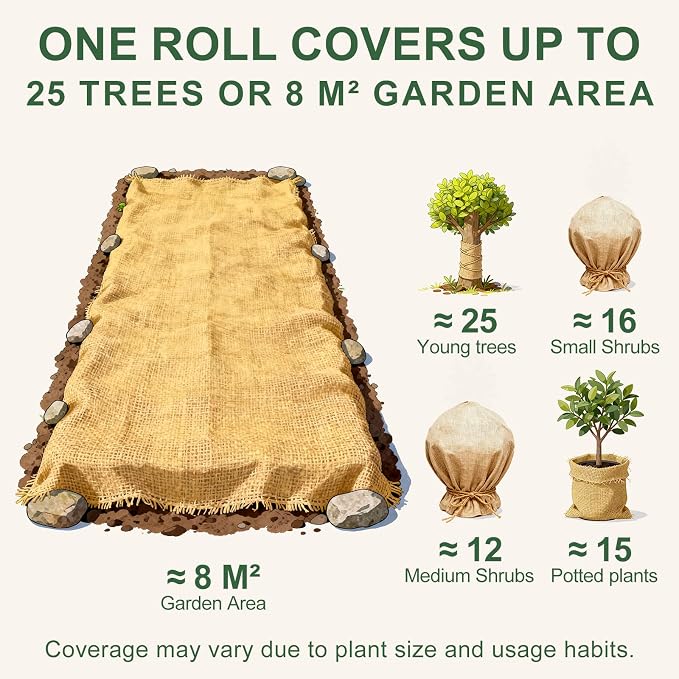 PJT 50ft x 40in Natural Burlap Plant Covers Freeze Protection, Winter Cold-Proof Burlap Fabric Tree Wrap Roll, Gardening Frost Plant Blankets for Outdoor Bushes Trees Plants