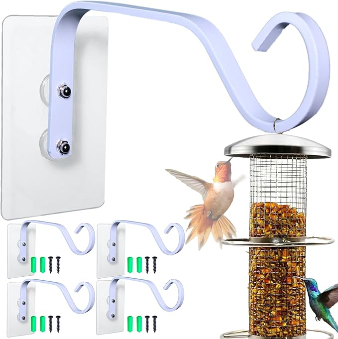 4-Pack Window Bird Feeder Hook, Strong Hanger with Traceless Adhesive & Screws, Window Mounted Load-Bearing Hook for Bird Feeders, Wind Chimes, Plants (White)
