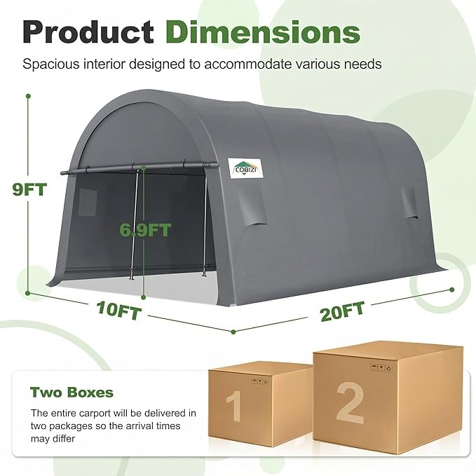COBIZI Carports 10x20 Heavy Duty Car Canopy Garage with Removable Doors & Vents, Galvanized Frame Portable Carport Canopy Outdoor Storage Shelter with All-Season Tarp for Car Boat Truck, Gray