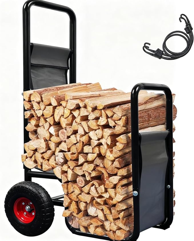 Kapler Firewood Cart with Wheels - Heavy Duty Steel Dolly Hauler - 250 LB Capacity & 600D Oxford Cloth for Indoor Outdoor Fireplace Fire Pit Use