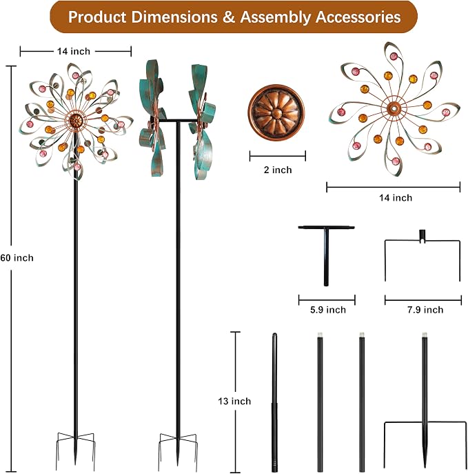 Wind Spinners Outdoor Metal 360° Rotating, Large Double-Layer Metal Windmill for Yard with Stake, Wind Spinners for Yard and Garden, Lawn, Patio (60"×14")