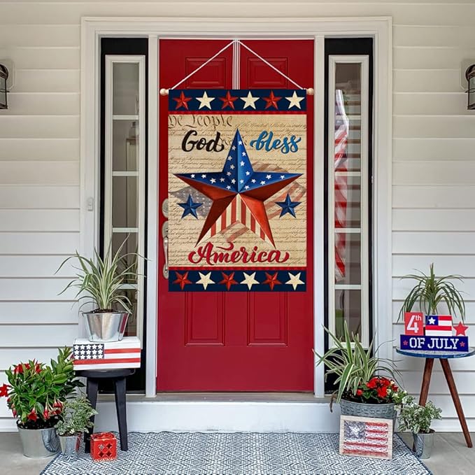 Patriotic God Bless America 4th of July House Flag 28 x 40 Inch Vertical Double Sided Blue Red Star Independence Day Memorial Day Yard Outside Décor