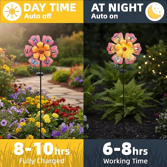 Giant Flower Garden Stakes Decorative with 50 String LED Lights and Butterflies, 46.7" Pink Solar Flowers Outdoor Waterproof for Yard Patio Lawn Decoration