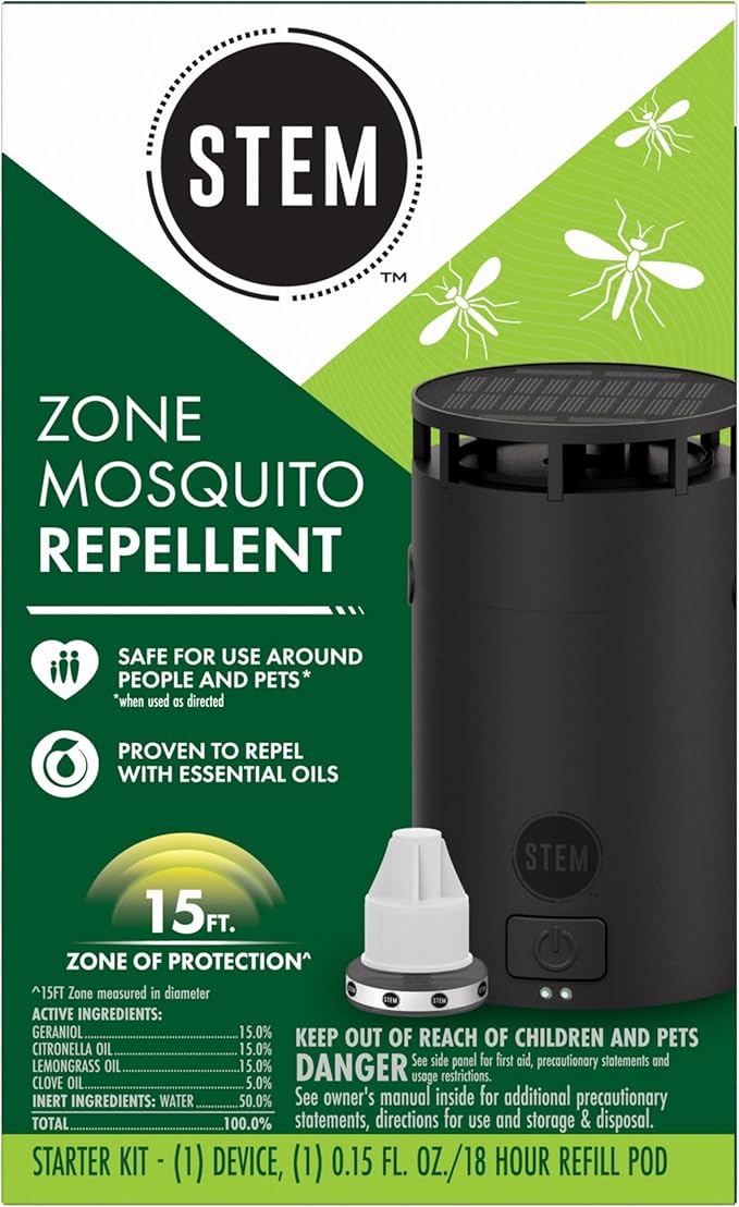 STEM Zone Mosquito Repellent Device, Easy-to-Use Outdoor Insect Protection with Proven Essential Oils, People and Pet Safe, Solar and USB-C Charger, Waterproof - Includes 1 Device & 1 Pod
