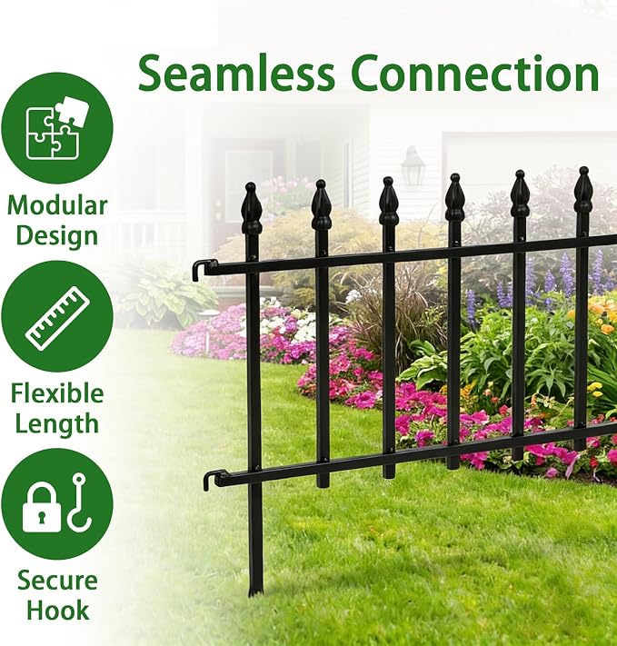 5-Pack Garden Border Fence, 23" W x 17" H Metal Landscape Edging (5 Panels,Total Length 9.5ft),Landscape Fencing,Metal Border Folding Fence for Flower Bed, Yard, Animal Barrier-Black