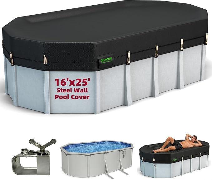 QH.HOME 550D 16x25 FT Oval Pool Cover [Upgraded Tear Resistant & Threefold Windproof] wth Pre-Installed Winch and Rope,Pool Covers for Above Ground Pools Oval-Snug Fit & Waterproof Protection
