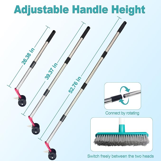 2-in-1 Crack Weeder Tool, Adjustable Long Handle Moss Remover with Wheeled Blade & Brush Head, Stainless Steel Crevice Weeding Puller for Sidewalk, Driveway, Patio, Pavers, Garden