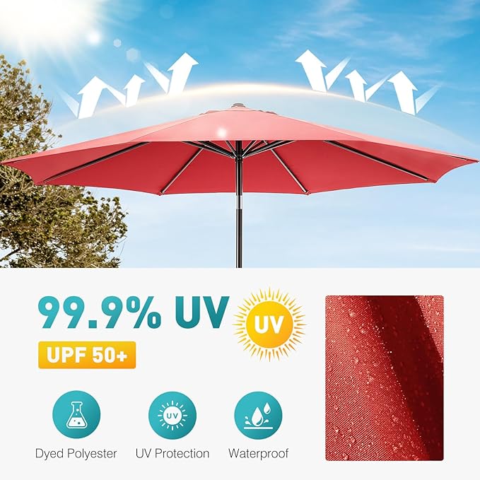 OLIXIS 9FT Patio Table Umbrella with Tilt and Crank Button & 8 Sturdy Ribs Waterproof, 9 Feet Outdoor Patio Umbrella Sun Shade for Poolside, Terrace, Beach and Restaurant, Red