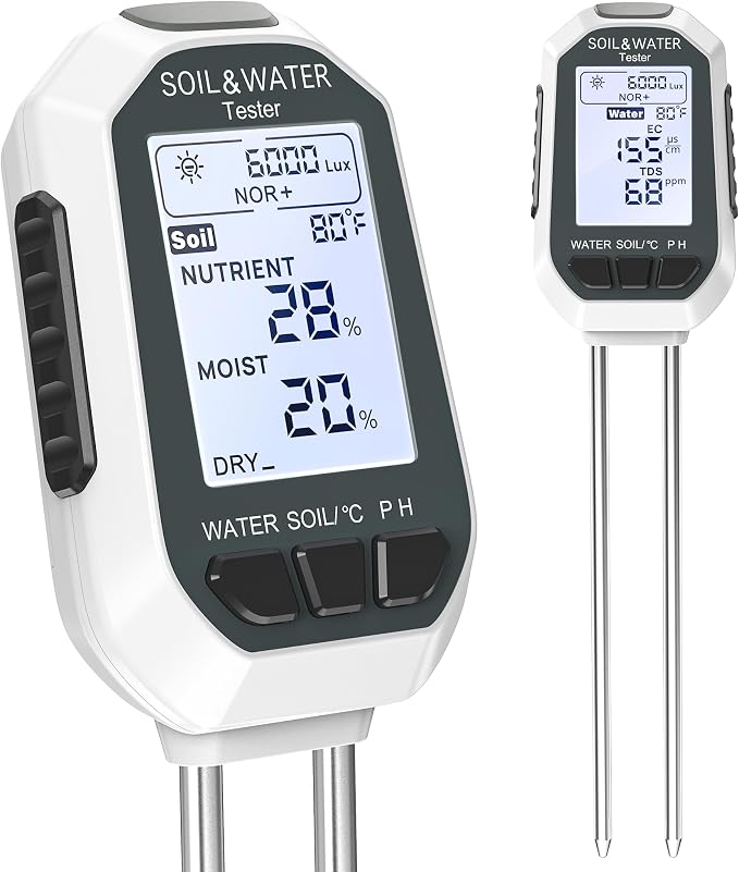 Soil Moisture Meter, 7-in-1 Digital Plant Water&Soil with EC/TDS/Fertility/PH/Temp/Mois/Sunlight Intensity Backlight LCD Display Soil Test Meter for Gardening, Farming and Outdoor Plants
