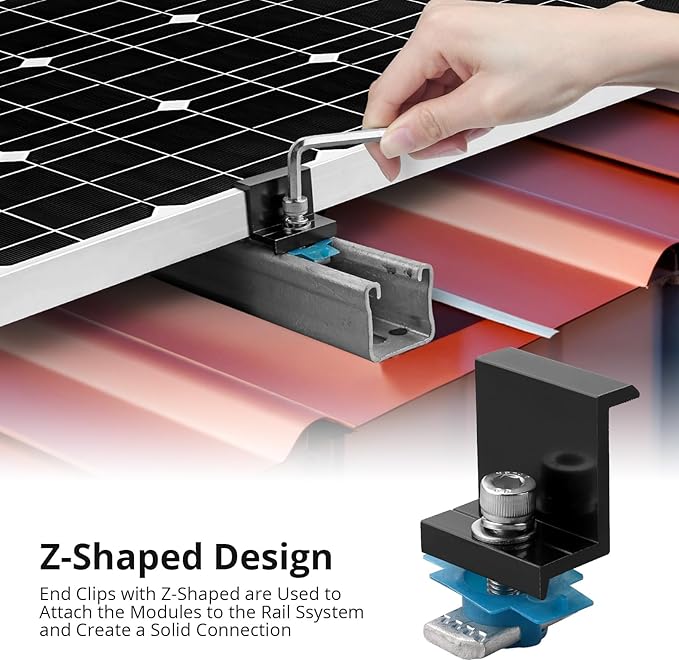Anbte 10 PCS Solar Panel Clamps for Unistrut, Aluminium 40mm 6 x T-Shaped Mid Clamps + 4 x End Clamps, Solar Panel Mounting Brackets for Metal, Tin, Flat, Sheet Roofs, RV, Black