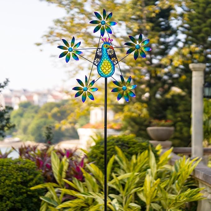 Peacock Wind Spinner with Colorful Flowers, 24.4" D*74" H Large Garden Wind Sculpture, Metal Peacock Decor Kinetic Sculpture for Garden Yard Patio