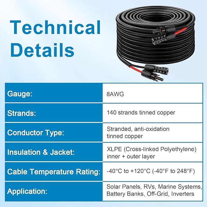 XRDS -RF Solar Cable 3FT, 8AWG Solar Extension Cable with Male & Female Solar Connectors, Flame-Retardant Protective Sleeving Solar Panel Cable, Weatherproof PV Wire for Solar Panel Connection
