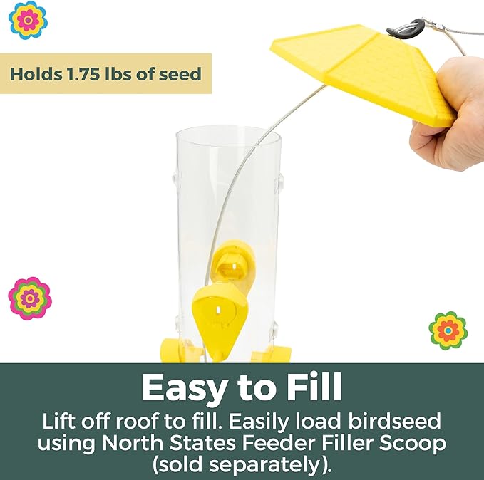 North States Village Collection - 2-in-1 Hinged-Port Birdfeeder Fiesta Yellow: Hanging Bird Feeder for Outdoors, Holds 1.75 Pounds of Seed