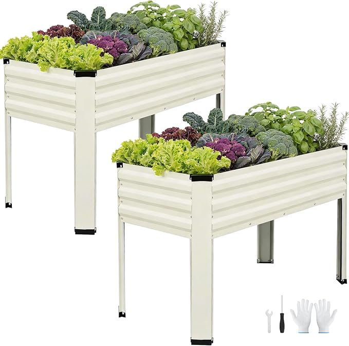 Galvanized Raised Garden Bed with Legs 2 Pack, 48x24x32in Elevated Raised Garden Bed Outdoor with Drainage Holes, Planter Boxes for Gardening Vegetable Flower Fruit in Backyard, Patio, Balcony (White)